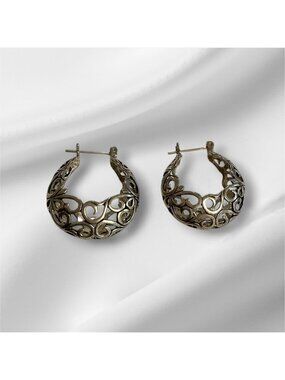 Vintage Sterling Silver Filigree Scroll Crescent Hoop Earrings 1" x 1"